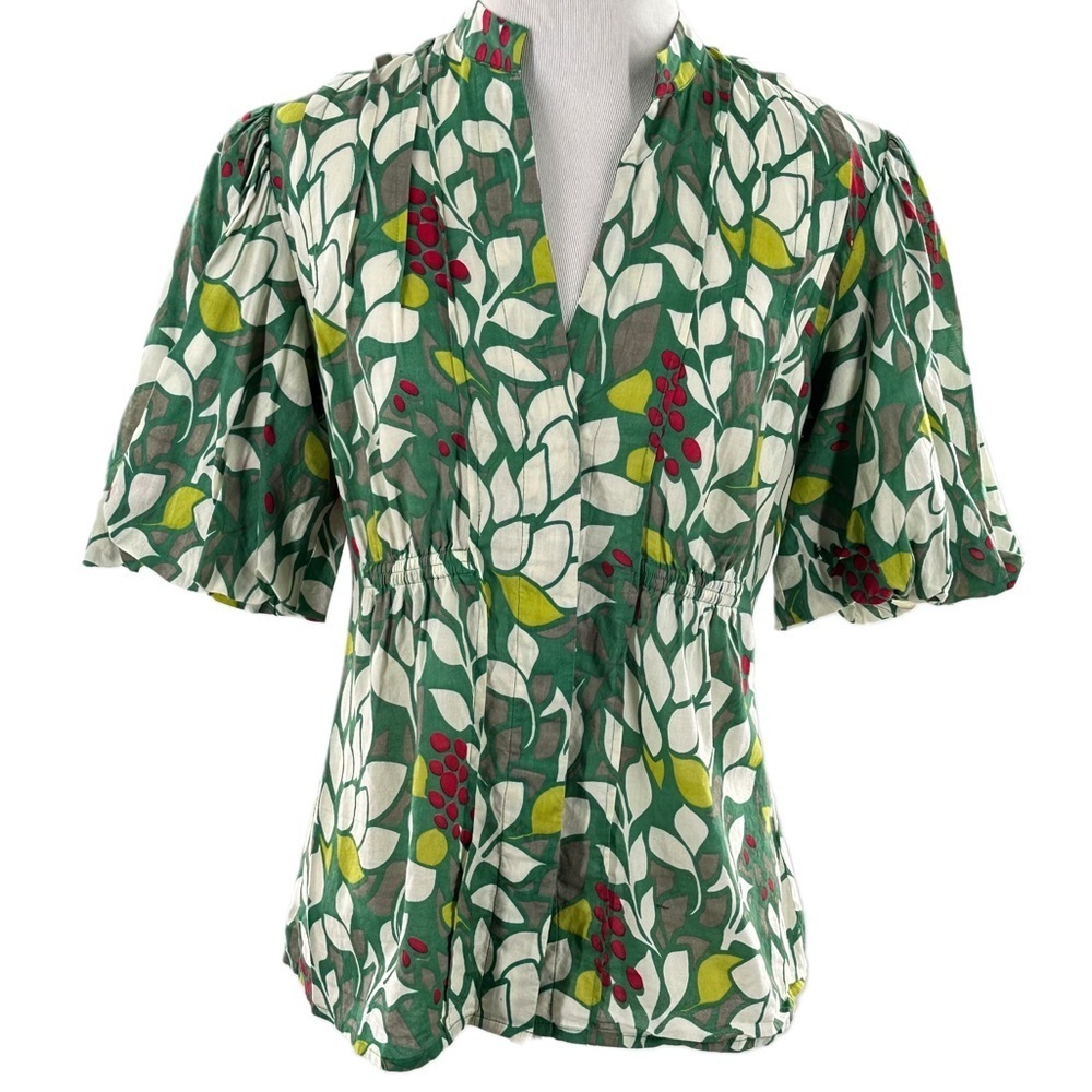 lapis womens top S green floral balloon sleeve button down tropical fairycore